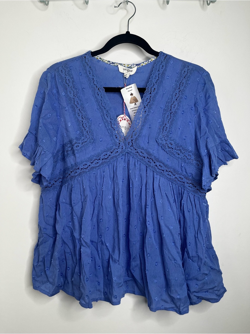NWT Umgee Periwinkle Blue V-Neck Lace Trim Peasant Top Fairy Boho Medium USA